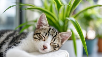 Cute sleeping kitten resting peacefully beside lush green plant in sunlit room, capturing serene moments of wildlife in home environment