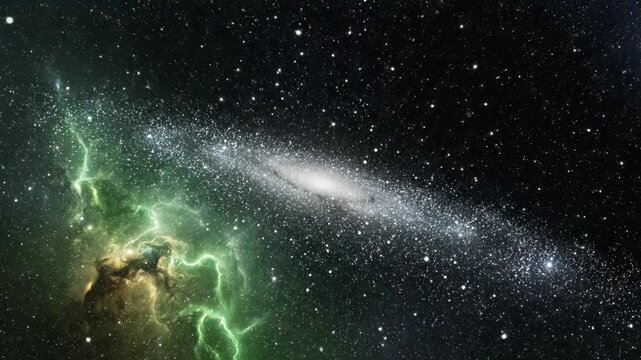 Distant galaxy and nebula with green lightning in the cosmos 4k video