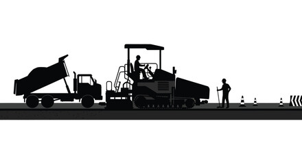 Road construction scene depicting a dump truck paver and workers all rendered as a striking silhouette high quality professional detailed modern © GDMala02