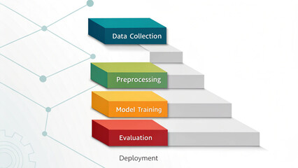 Machine learning process steps visualized as colored blocks on a staircase: data collection, preprocessing, model training, evaluation, and deployment.