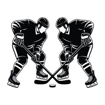 Two hockey players facing off over a puck in a graphic style