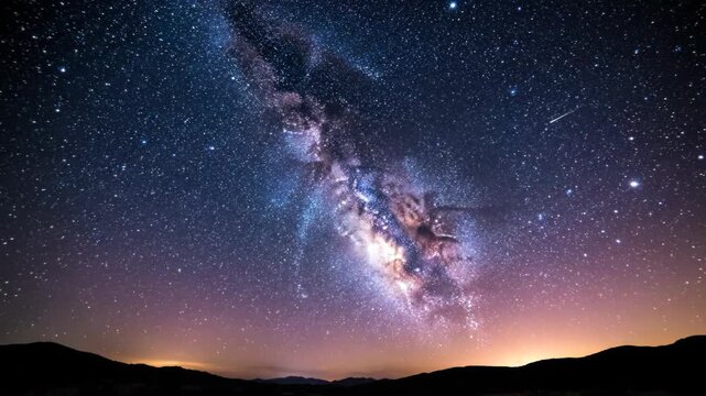Milky way galaxy over silhouette of mountains at dusk with starry night sky 4k video