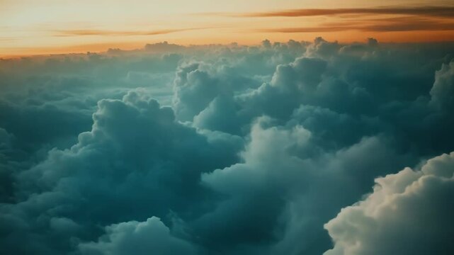 Vast cloudscape stretching across the horizon, showing numerous cumulus clouds illuminated by soft golden light during sunset, symbolizing freedom and tranquility in the atmosphere