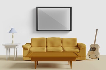 Cozy Musical Living, Charming Boho Lounge Featuring Yellow Sofa And Guitar For Music Or Home Scenes