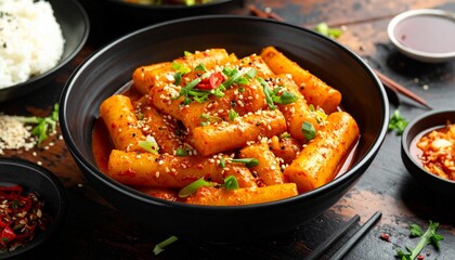 Tteokbokki with sesame seeds and green onions served in a black bowl on a dark wooden table with rice and dipping sauce nearby