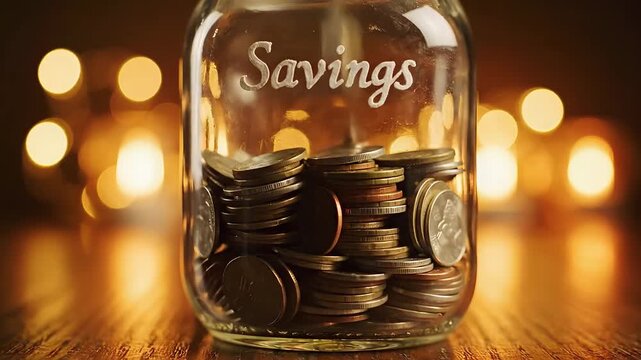 A glass jar clearly labeled 'Savings' is brimful with coins, glowing softly against a warm, bokeh-filled background, representing financial accumulation.