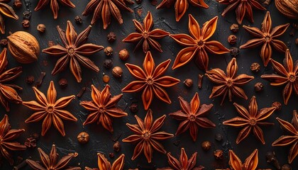 Star anise and spices arranged on a dark surface viewed from above