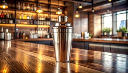 A stainless steel cocktail shaker on a wooden bar counter in a sophisticated bar environment viewed from the front