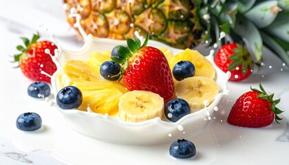 Fresh fruit salad with strawberries, blueberries, bananas, and pineapple, arranged in a white bowl on a marble surface, viewed from above.