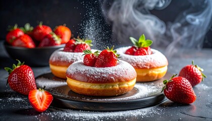 Delicious donuts topped with strawberries and powdered sugar, beautifully presented on a dark surface with a bowl of strawberries in the background