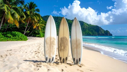 Three surfboards standing on the sandy beach near the ocean with green hills in the background