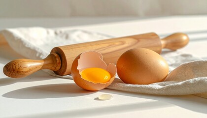 A wooden rolling pin and cracked egg on a white cloth, showcasing kitchen utensils and ingredients on a clean surface from a close-up viewpoint.