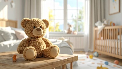 A teddy bear sitting on a wooden table in a bright children's nursery with toys and a crib nearby.