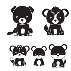 Obraz premium Cute Animal Vector Silhouette Black and WhiteAdorable Animal Illustration Set VectorMinimal Cute Animal Shape Black White Vector