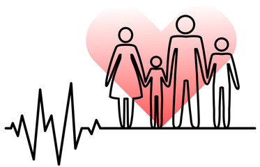 Family health and insurance concept with heartbeat line and heart, minimalist line art. Minimalist illustration of family holding hands with heart symbol and pulse wave.