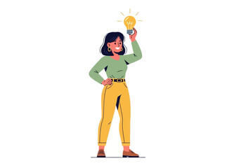 Naklejka premium A cartoon woman having an idea with a lightbulb