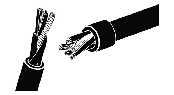 A detailed illustration depicting a cut electrical cable revealing internal wires in stark black silhouette high quality professional modern elegant stylish