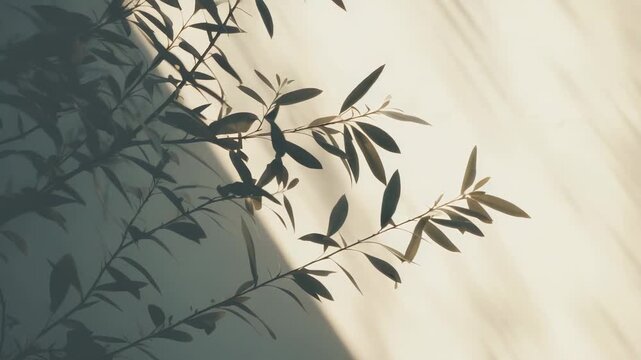 Delicate plant branches creating an abstract pattern of natural shadows on a smooth. Brightly illuminated wall. Offering a serene and organic background texture for concepts of nature and tranquility