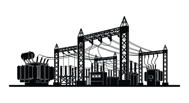 A detailed black and white illustration depicts an electrical substation with prominent towers and transformers presented as a silhouette high quality