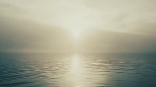Calm tranquil water surface reflecting a bright ethereal misty light in the distance under a subdued sky, creating a peaceful and soft atmospheric scene with gentle ripples