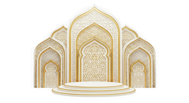 Elegant white and gold islamic arch stage with tiered podium for product display, isolated on transparent background.