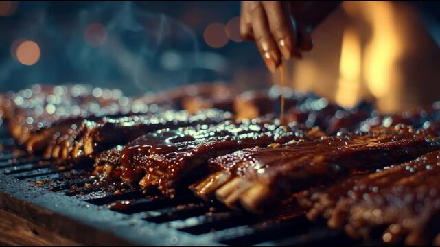 Hand brushing sauce on grilled ribs.