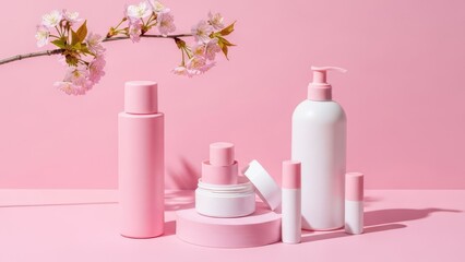 Pink and white cosmetic products with cherry blossom