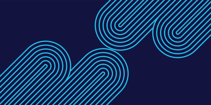 Abstract blue geometric background with mirrored arched pill shapes and parallel rhythmic lines on a navy backdrop