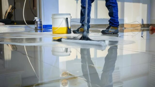 A worker in protective clothing applies a coating to the floor using a roller and bucket, emphasising the importance of safety during repairs to prevent environmental contamination from chemicals, ide