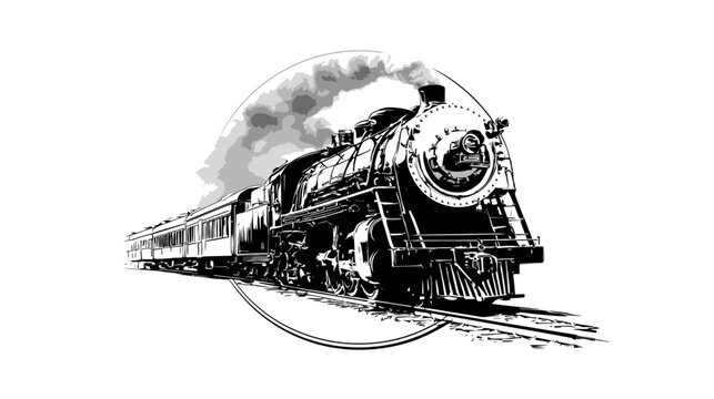 Classic Steam Train Illustration Moving on Tracks with Smoke, Vintage Locomotive, Black and White Retro Style Vector Art
