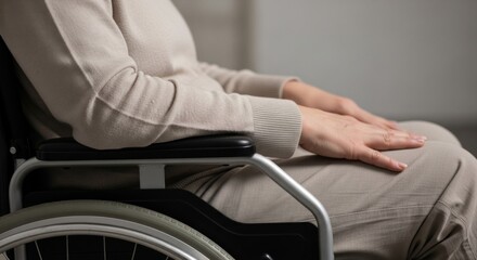 Obraz premium Person sitting in a wheelchair with hands resting on legs in a simple indoor space