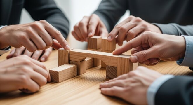 Team members work together to build a structure with wooden blocks during a meeting