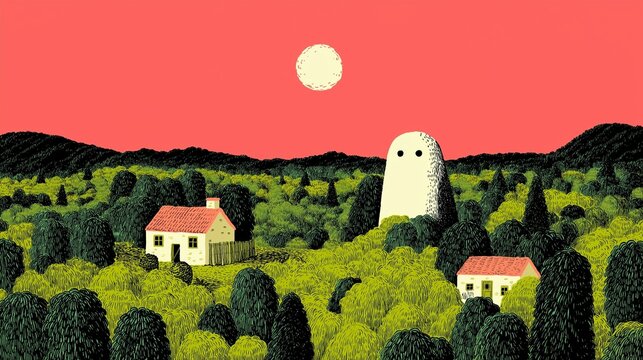 Paysage vallonn&eacute; avec maison, silo et lune rouge sur fond rose minimaliste