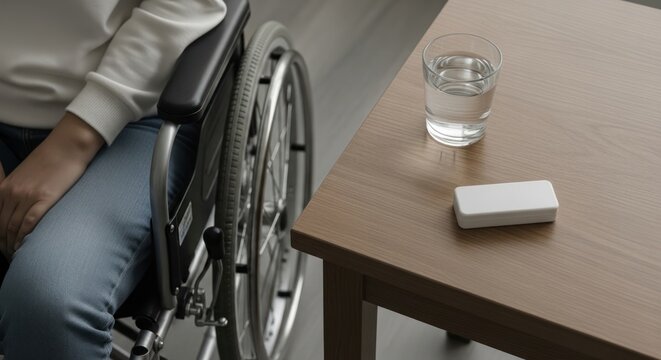 Person in wheelchair next to a table with a glass of water and a white object on the surface