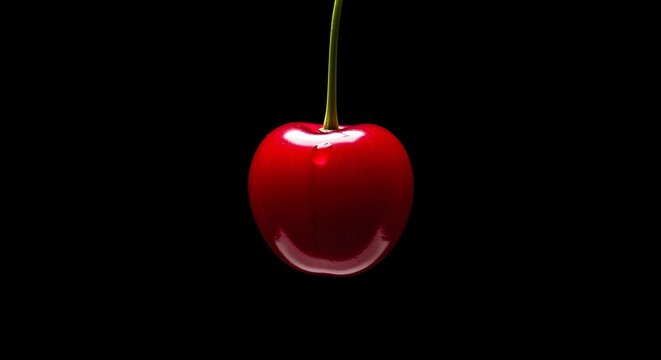 A single vibrant red cherry hangs against a stark black background