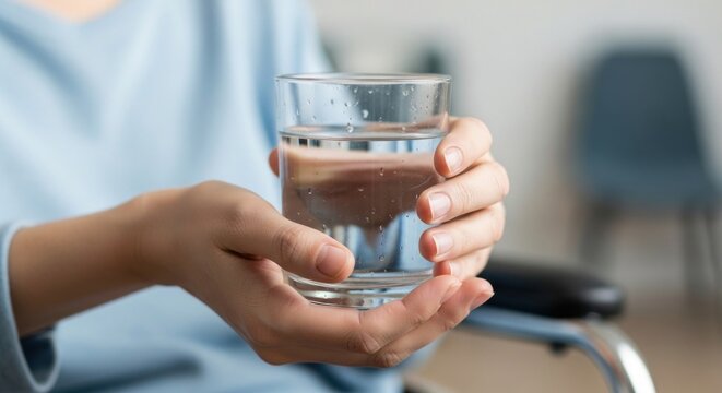 Hands hold a clear glass of water in a simple indoor setting near a wheelchair