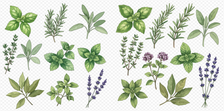 Watercolor illustration set of fresh green herbs and spices for cooking and aromatherapy.