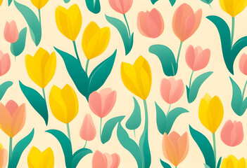 Bright yellow and pink tulips with green leaves form a seamless floral pattern on a soft cream background creating a cheerful and fresh spring inspired design