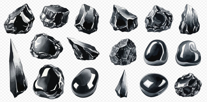 Set of black obsidian stones, volcanic glass, and polished gems isolated on transparent background.