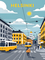 Helsinki Street Scene with Trams and Cathedral