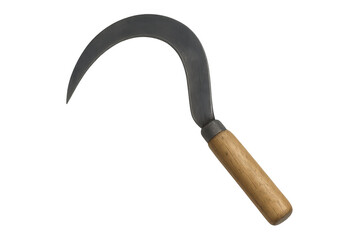 Sickle farming tool with wooden handle on transparent background