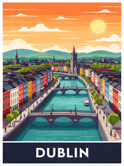 Dublin River Scene with Bridges and Sunset