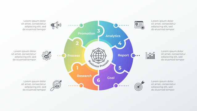 6 Step circular business process infographic diagram design. Vector illustration. Perfect for visualizing workflow cycles, project development, and strategic planning.