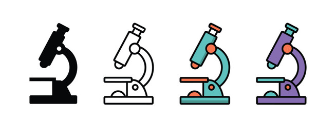 Obraz premium icon microscope biology, same pose and proportions in four styles: black solid, glyph, outline minimal, flat multicolor filled,