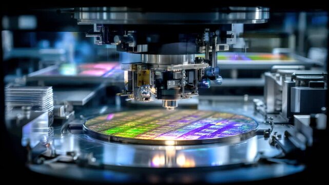 Semiconductor wafer chip fabrication cleanroom equipment robotic inspection precision machine capturing vivid iridescent silicon patterns