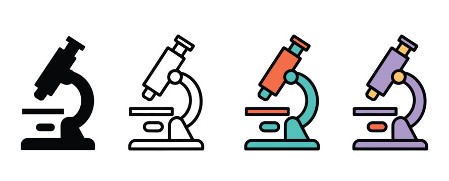 microscope biology icon, consistent pose and proportions in black solid, glyph, outline minimal, flat multicolor filled, and cartoon flat shaded styles,