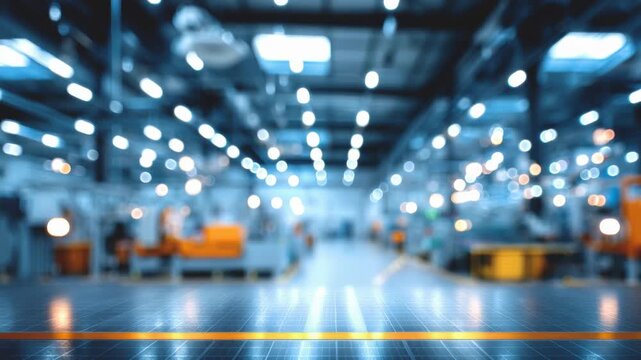 Blurred industrial factory interior with polished floor and overhead lights conveying modern manufacturing production atmosphere and ambient bokeh