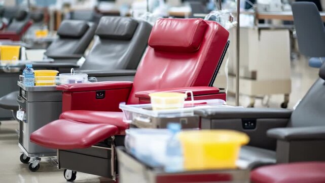 Shot capturing a multistation phlebotomy area with individual recliners and sharps containers main elements sharp against a soft outoffocus clinical setting.