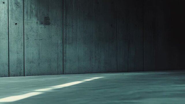 Minimalist concrete architecture creating a dark, dramatic atmosphere, with a strong ray of light illuminating the textured floor, suggesting hope or a path forward