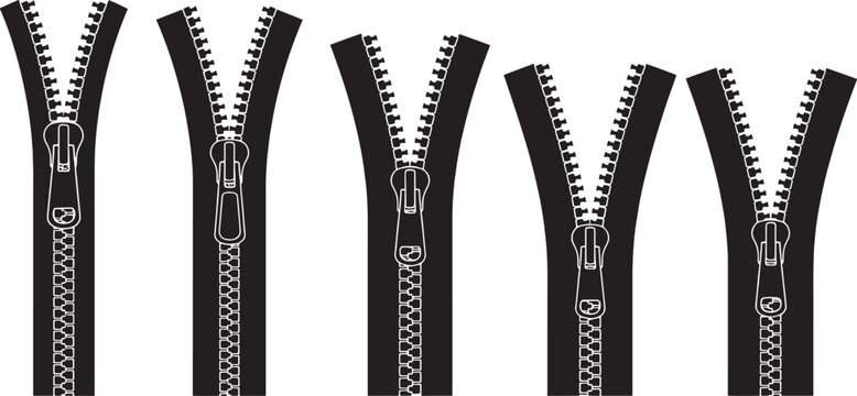 A single black metal zipper fastener object vector illustration for clothing and sewing textile fashion isolated on a white background in both open unzipped and closed positions